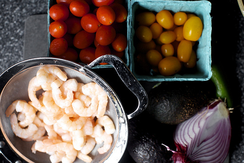 tomatoes, jalapeno, onion, avocado and shrimp