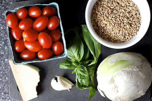 tomatoes, farro, onion, basil, garlic, parmesan