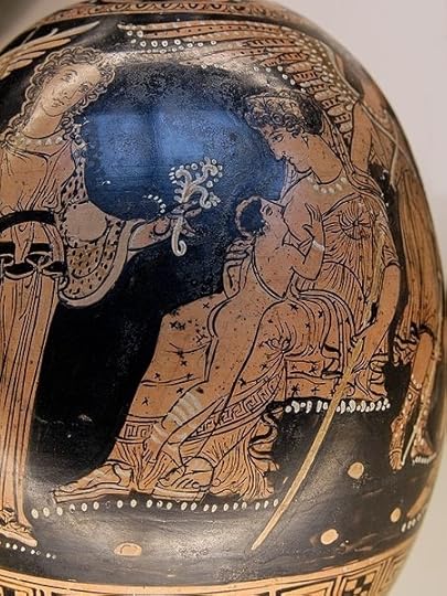 Hera suckling the baby Heracles at her breast, surrounded by Aphrodite and Eros (not visible here), Athena (on the left), Iris (on the right) and a woman, perhaps Alkmene (not visible here). Detail from an Apulian red-figure squat lekythos, ca. 360-350 BC