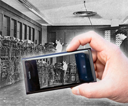 ENIAC computer viewed through smartphone