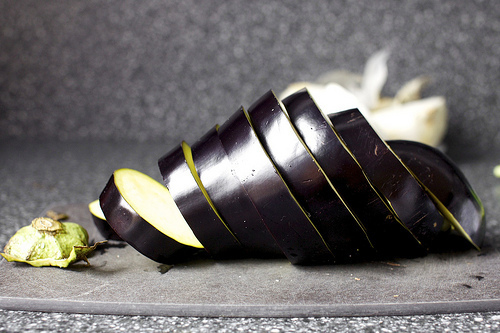 sliced, then diced eggplant
