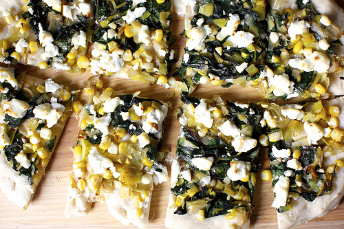 leek, corn and chard flatbread