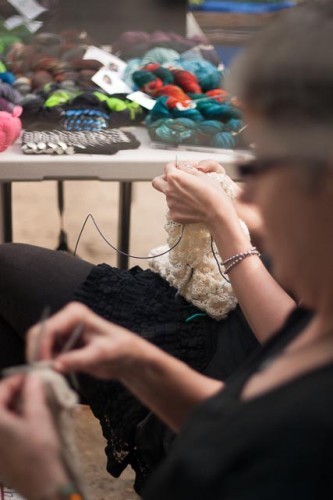 A brave knitter - some of us were too busy chatting to pay attention to lacework!