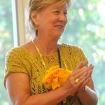 Book designer Susan Kapuscinski Gaylord in her flower garland