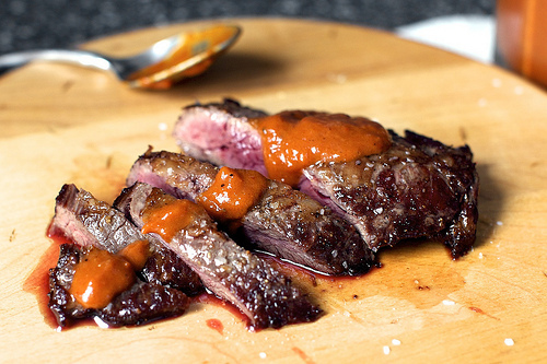 skirt steak with charred pepper sauce