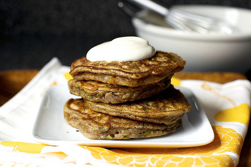 zucchini bread pancakes, maple yogurt
