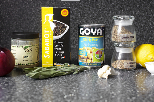 onion, tahini, lentils, chickpeas, spice, lemon, sage, garlic