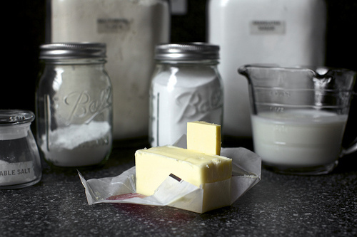 flour, sugar, salt, baking powder, soda, butter, buttermilk