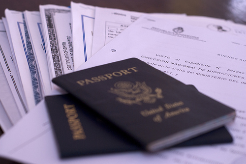 U.S. passports and residency paperwork for Argentina.
