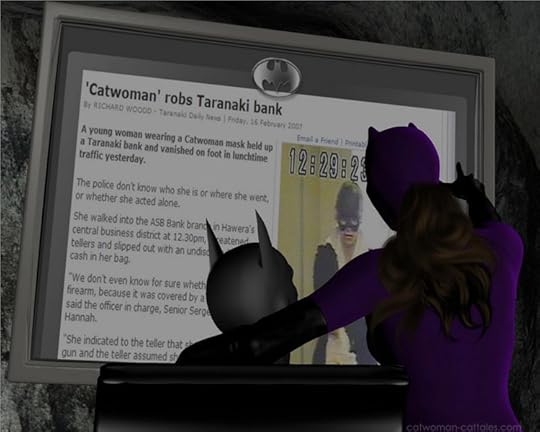 Batman and Catwoman consult a news account of a New Zealand bank robber wearing a Catwoman Mask