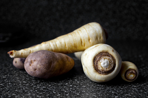 parnsips, potato -- not pretty yet