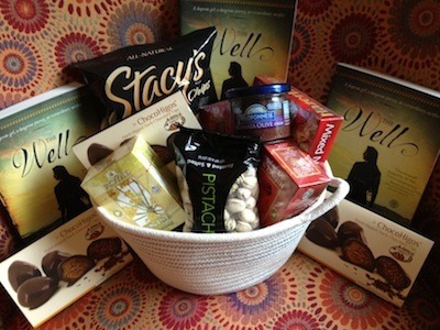 Goodie basket of Middle Eastern delights, signed copies of The Well and chocolate covered figs