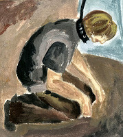 Roberto lies at her feet, bound to a leash.