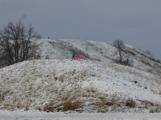 Kids sledding down a mound.