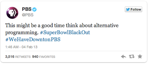 Image of PBS' tweet proving PBS was a nonprofit that didn't sleep through the Great Super Bowl Blackout