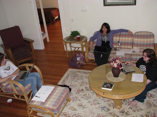 Chris, E.S. Magill, and Angel Leigh McCoy editing Deep Cuts at the Haunted Mansion. Photo by Sephera Giron.