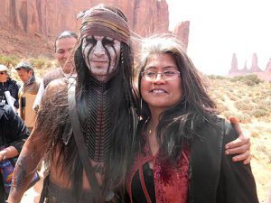 Johnny Depp meeting Dr Gayle Dine’ Chacon from the Navajo nation while filming The Lone Ranger 