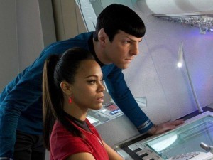 Spock and Uhura, in a rare moment of not-kissing. 