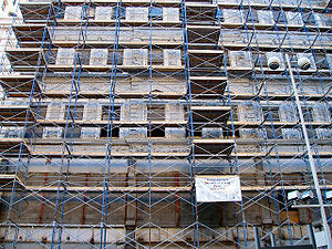 Extensive scaffolding on a building in downtow...