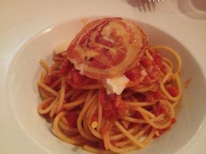 The Bucatini topped with pancetta. Instead of clinging to the pasta, the sauce ended up pooling at the bottom of the plate.