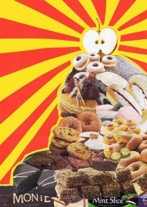 a pile of junk food including donuts and cookies with a red and yellow background