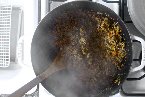 browning the meat, vegetables