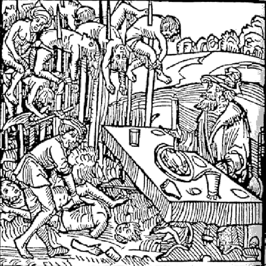 1499 German woodcut showing Vlad, the Son of the Dragon dining among the impaled corpses of his victims.
