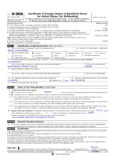SAMPLE W-8BEN Certificate of Foreign Status of Beneficial Owner for United States Tax Withholding