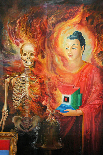 Buddha overcomes death, skeleton, highest yoga tantra mandala center ( red, green, blue, yellow), Lord Buddha, bell, painting in a Nepalese art gallery, Kathmandu, Nepal