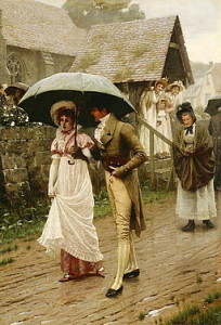 Painting of couple walking arm in arm away from church.