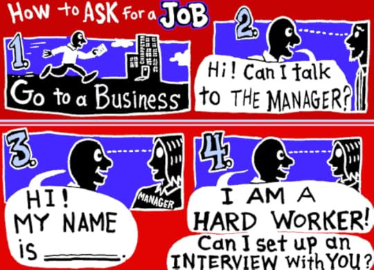 How to Ask for a Job - a Flashcard on Approaching Employers for People with Developmental Disabilities - comic by Joe Chiappetta