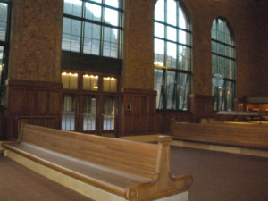 The Poughkeepsie Train Station. In a novel I read, the author gave it blue plastic seating, like a Trailways bus station. Research, people!