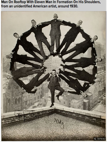 Early photoshop experiments, 11 man formation on rooftop ca 1930