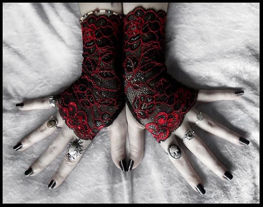 Celosia Lace Fingerless Gloves - Black Deep Red Metallic Embroidered Floral - Gothic Vampire Regency Tribal Bellydance Goth Fetish Mourning