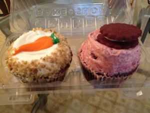 Crumbs' cupcakes: Carrot cake and red velvet cookies and cream.