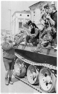 Malcolm interviewing mujahadeen fighters in Central Bosnia on a captured Croat tank in 1993 