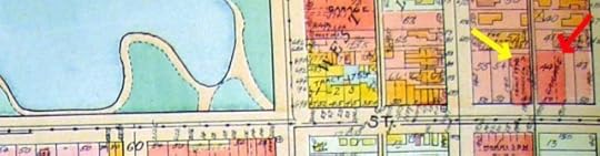 The Dresden Apartments (yellow arrow) and California Garage (red arrow) east of Westlake Park