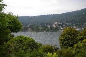 View of Lago Maggiore and surrounding mountains from the island of Isola Bella in northern Italy.