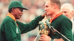 President Nelson Mandela handing over the Webb Ellis trophy when South Africa won the Rugby World Cup in 1995