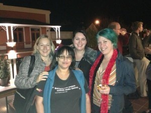 Look at me, hanging out with all the cool people. Amanda Coetzee, S.A. Partridge, Tammy Fenruary in the front, and me hanging on to a wine glass for support.