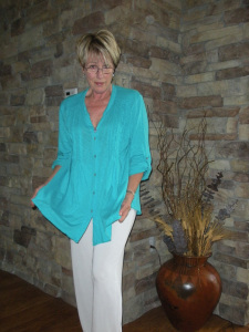 Top from FreshProduceClothes.com. Pants from Travelsmith.