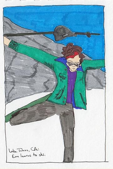 Like a graceful blue bird, Em descends the mountain.
