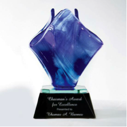 Image of This free-flowing award has cobalt blue-toned veining and rests on an ebony optical glass base with a mirrored reflector. Each piece is hand made and signed by the artist.
