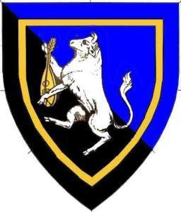 Per bend azure and sable, a bull rampant argent maintaining a lute, all within an orle or. Devices are unique to the member. Only I may display this device, or use it to mark my belongings.