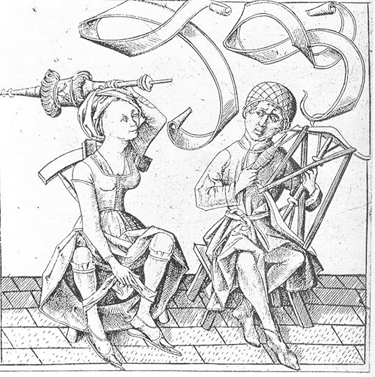 The Backwards World: Woman swings scepter while man spins thread - Israhel van Meckenenem 15th c