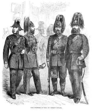 Vintage engraving from 1861 of Uniform of the 1st Surrey Rifles from the British Army