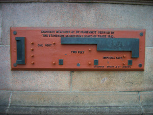 This cast iron plaque on Glasgow City Chambers provides a reference for how long a foot is. In the event of the end of civilisation, it will survive long after all the knowledge on all the computer servers in the world has disappeared.