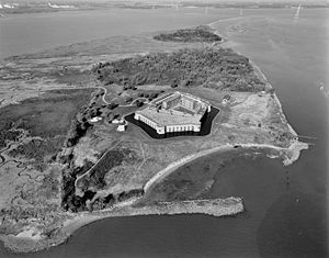 NORTHWEST OBLIQUE AERIAL VIEW OF FORT DELAWARE...