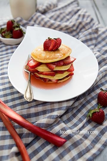 Ricotta Pancake Strawberry Stacks with Honey Rhubarb Syrup via FoodforMyFamily.com