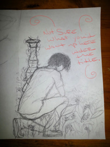 Cover sketch for The Sun God, art work by Tressa Green.